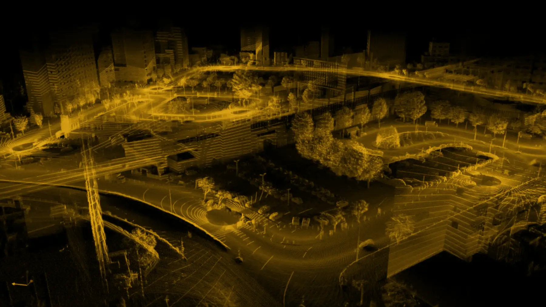 LiDAR pontfelhő egy városi csomópontról: utak, felüljáró, fák és épületek pontokból kirajzolva, fekete háttéren